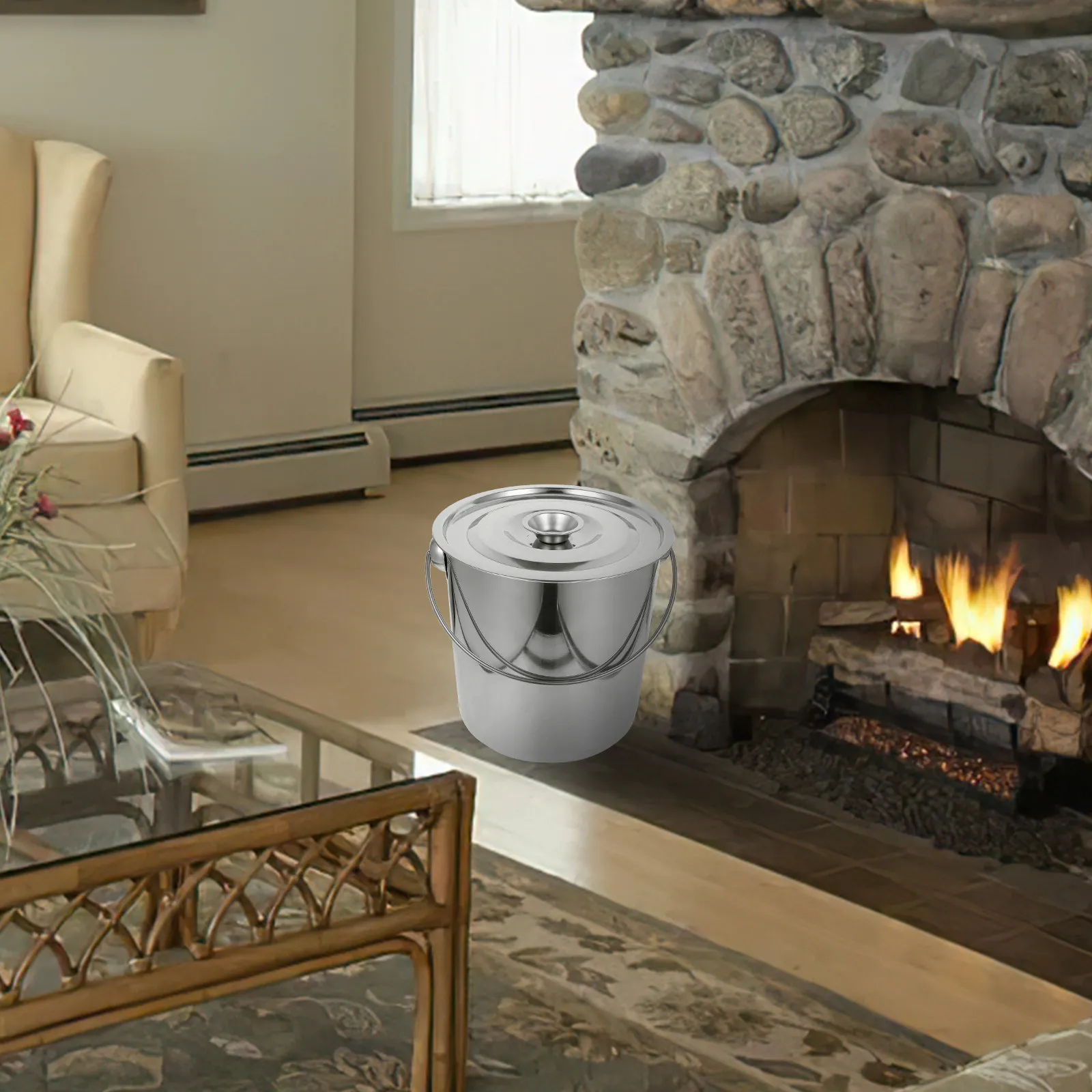 Stainless Steel Fireplace Ash Bucket Lid Large Capacity Metal Buckets for Wood Stove Cleaning Hot Ashes Storage Dustproof Handle
