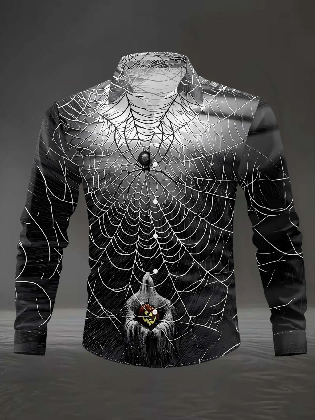 Men Long Sleeve Button Down Shirt Black White Spider Web Grim Reaper Pumpkin Print Polyester Lapel Collar Halloween