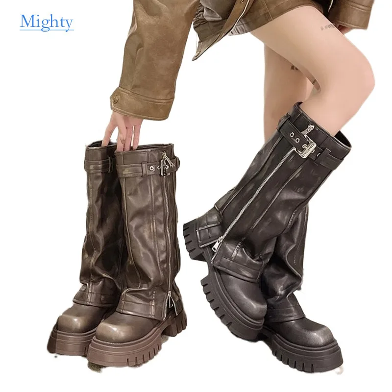 

Niche Pant Women Snow High Boots Female Platform 2024 Autumn Winter Brown Tall Knight Boots Retro Western Cowboy Women's Shoes