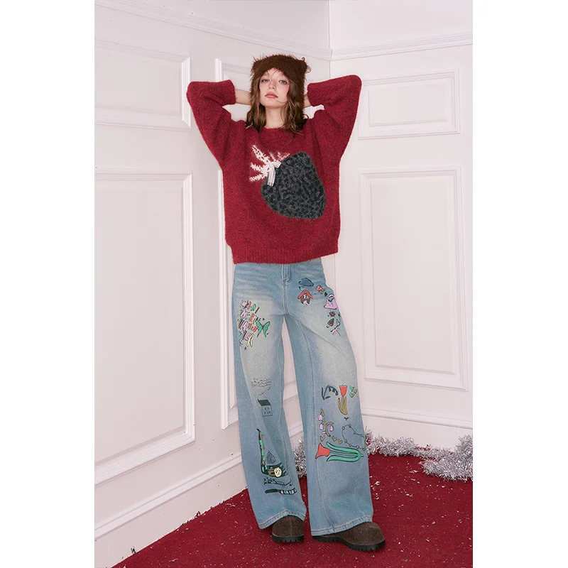 ELFSACK Y2K Loose Straight Graphic Floor Length Jeans For Women