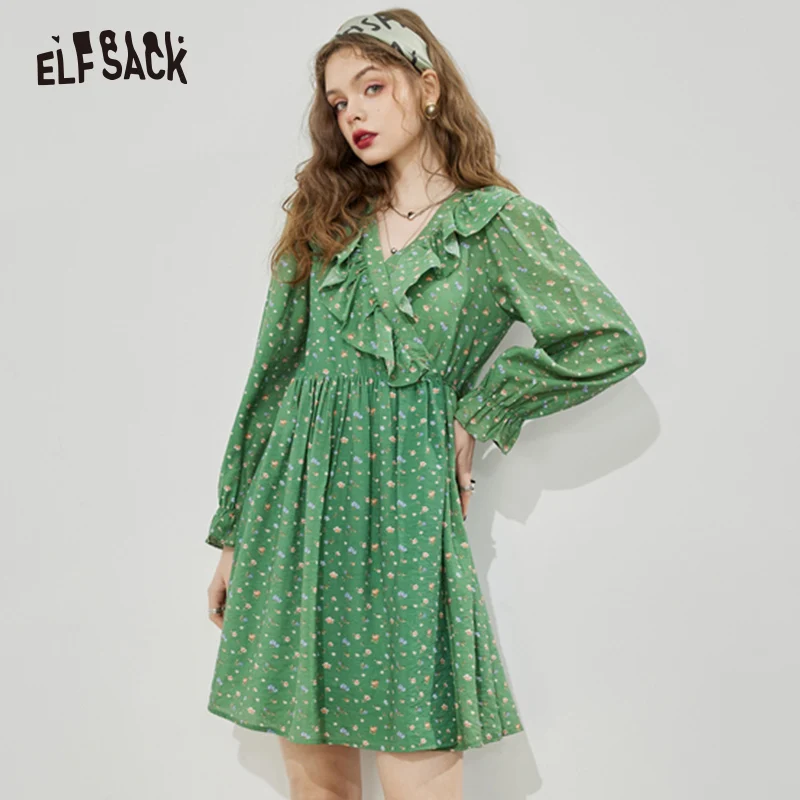 ELFSACK Green Ruched Floral Dresses Women 2023 Spring Waist Long Sleeve Daily Dress