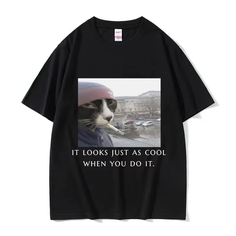 Animals Smoking Cigarettes Funny Meme T Shirts It Looks Just As Cool When You Do It Cat Graphic T-shirt Women Cotton Short Tops
