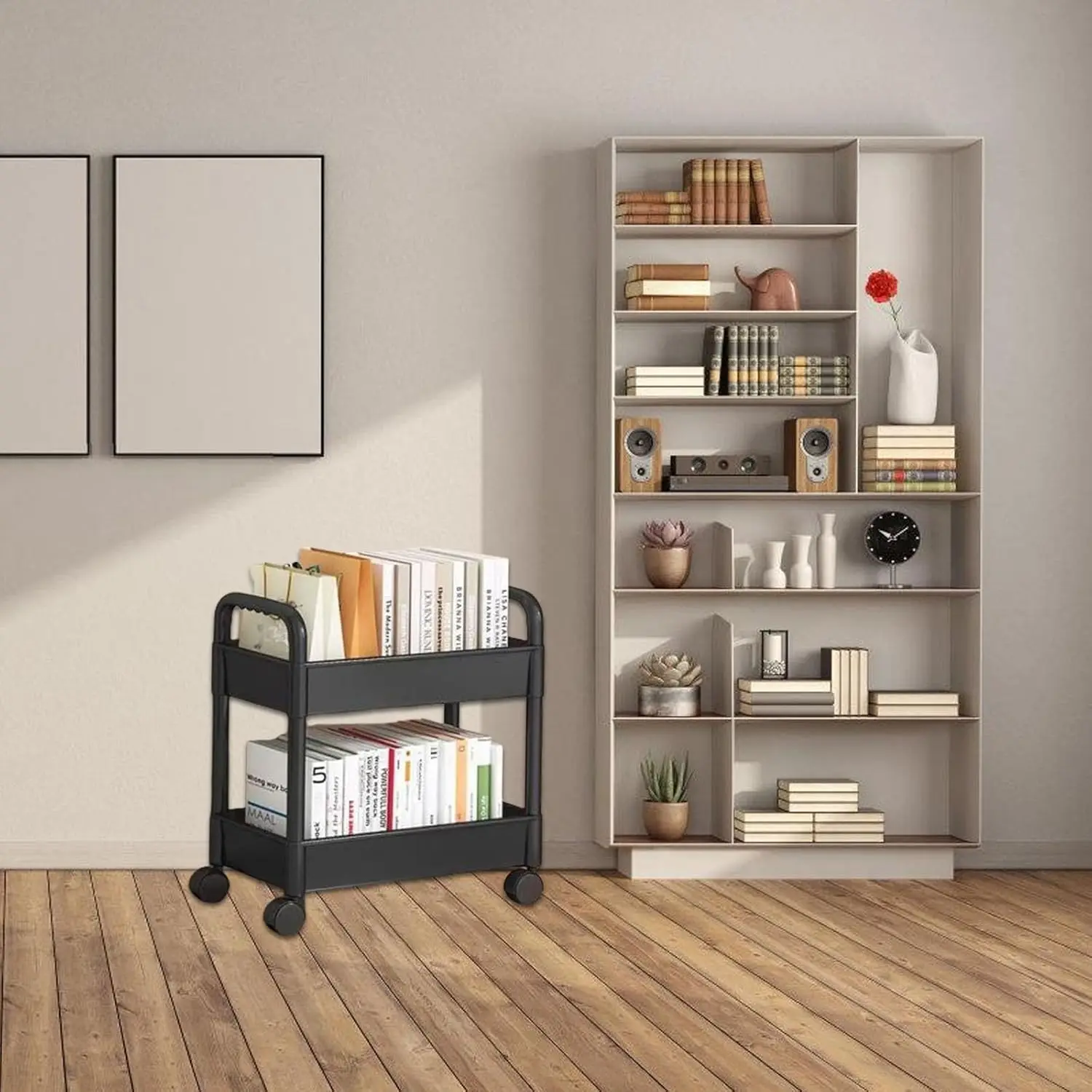 

1pc 2 Tier Rolling Storage Cart Plastic Multi-functional Organizer Trolley Detachable Space Saving Storage Rack Movable Shelves