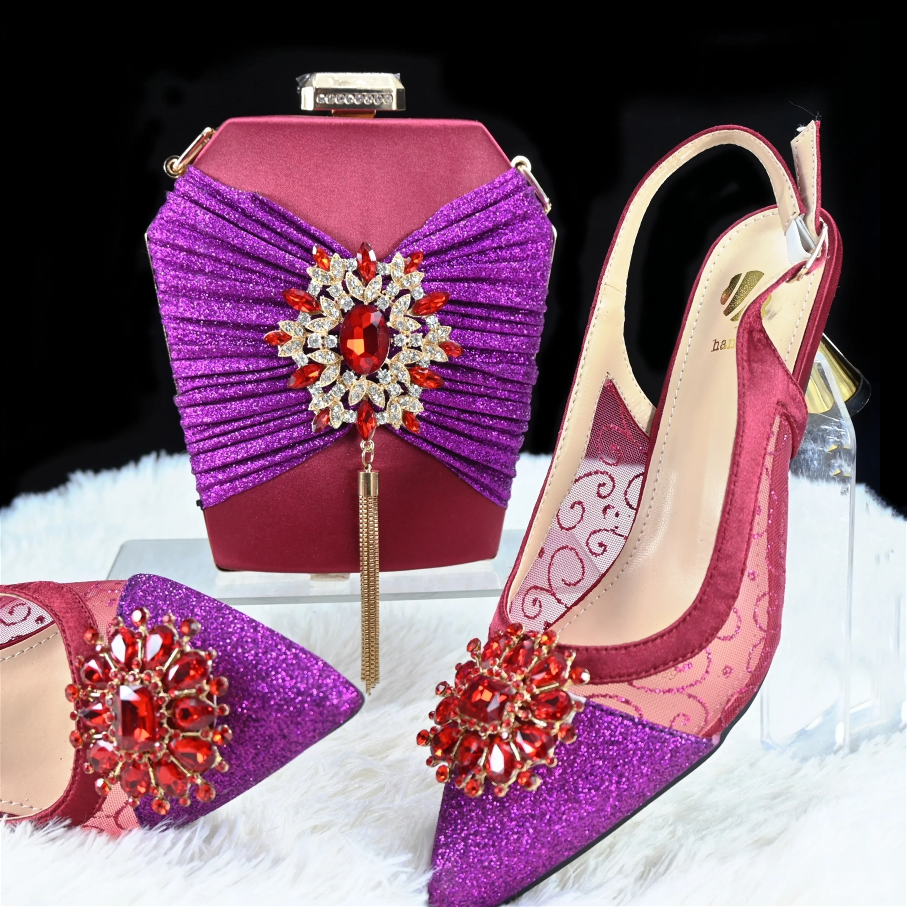 Haniye Fashion Mesh Rhinestone Slingback Woman Party High Heels Matching Bag Set Women Italian Shoe And Bag 2025