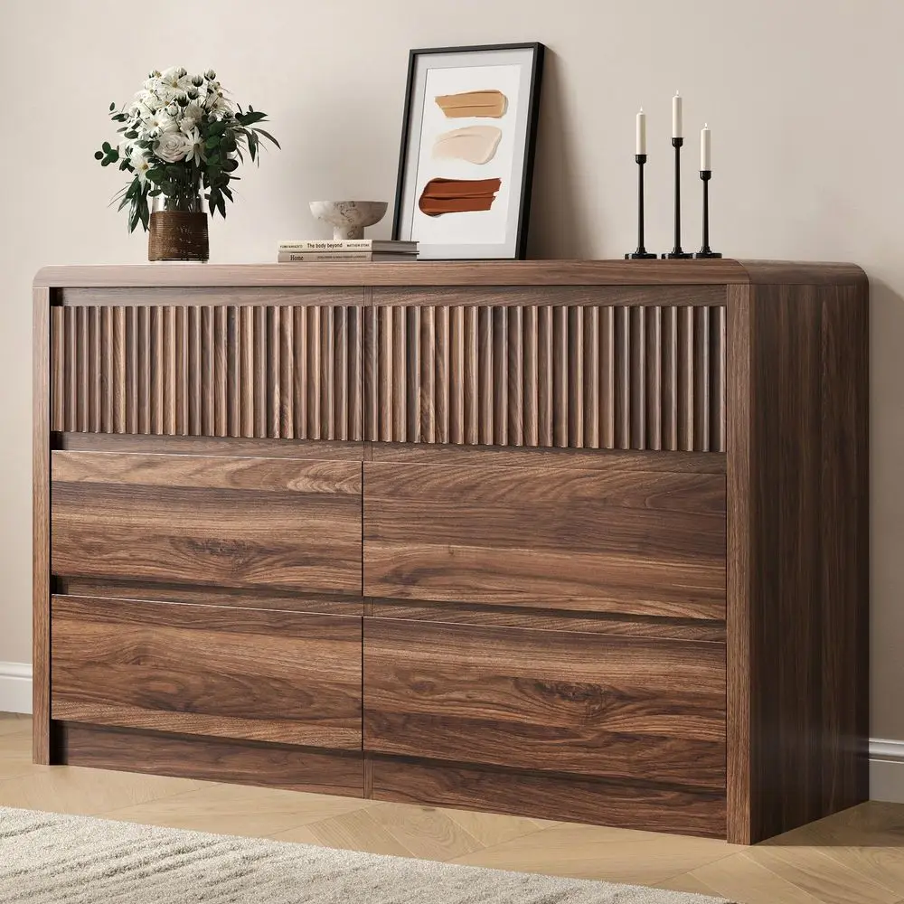 

6 Drawer Dresser for Bedroom, 50 Wide Dresser amp Chest of Drawers with Curved Profile Design, Wood Mid Century Dressers for Be