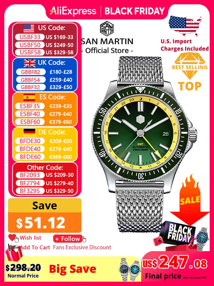 

San Martin оригинальный дизайн 41 мм GMT часы для дайвинга NH34 автоматический механический быстросъемный браслет водонепроницаемый 200 м светящийся SN0119