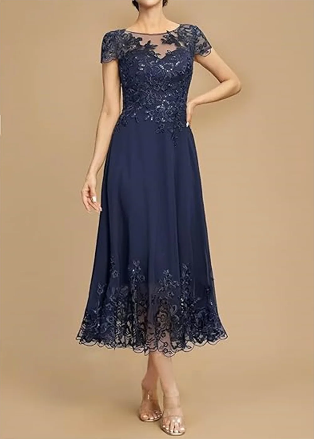 تخصيص ألف خط المرأة فساتين أم العروس طول الشاي لحفل الزفاف الشيفون الأربطة يزين فستان الجدة قصيرة الأكمام #4