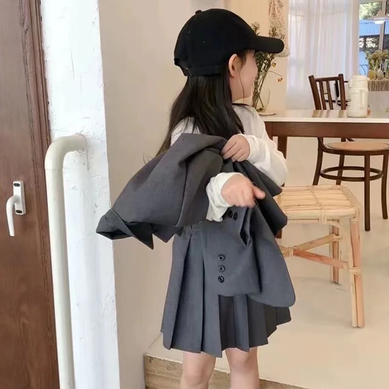 2025 الخريف الشتاء الفتيات الاطفال 2 قطعة ملابس أطفال المراهقين دعوى مجموعة سليم السترة سترة علوية + تنورة صغيرة مطوي 4 5 10 12 سنة #3