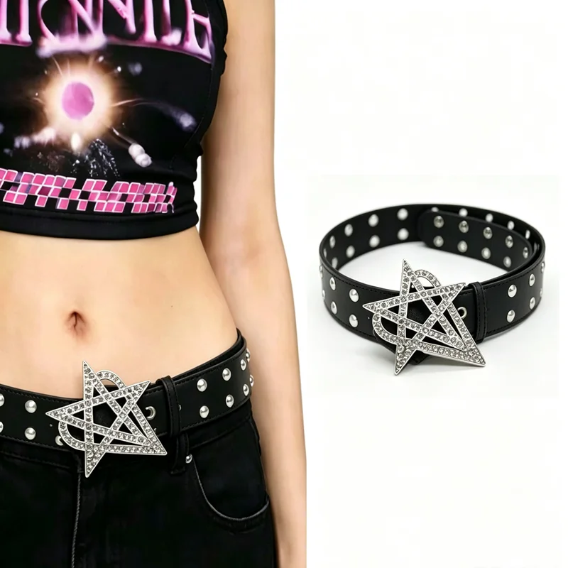 

2026 Y2k Retro Diamond Studded Five Pointed Star Heart Hip-hop Belt, European and American Street Style Metal Punk Rivet Belt
