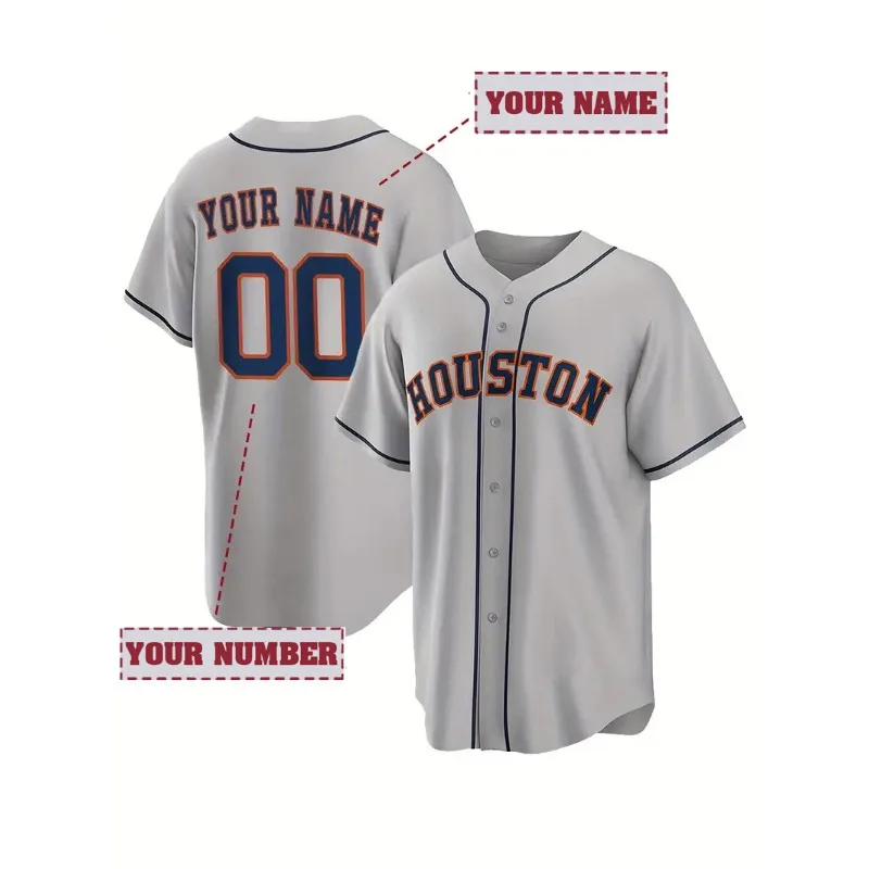 

Customized Name And Number Men's Embroidery Baseball Jersey Houston Grey V-Neck Personalized Short Sleeve Button Down Shirts