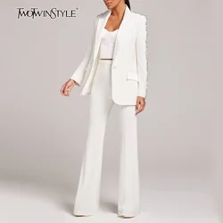 TWOTWINSTYLE Solid Spliced Diamonds Two Piece Set for Women Lapel Long Sleeve Coat High Waist Temperament Pant Chic Sets Female