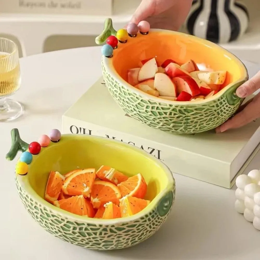 Ceramics Fruit Bowl with Fork Large Capacity with 6 Fruit Fork Fruit Serving Plate Reusable Hami Melon Shape