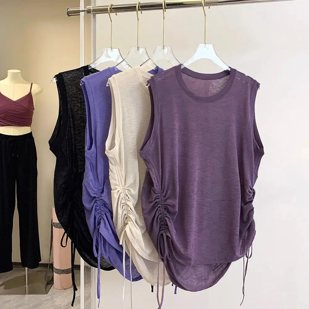 Sporty Thin Sleeveless Yoga Running Tank Top Women's Standard Fit Polyester Blend Summer Loose Cover up Fitness Top