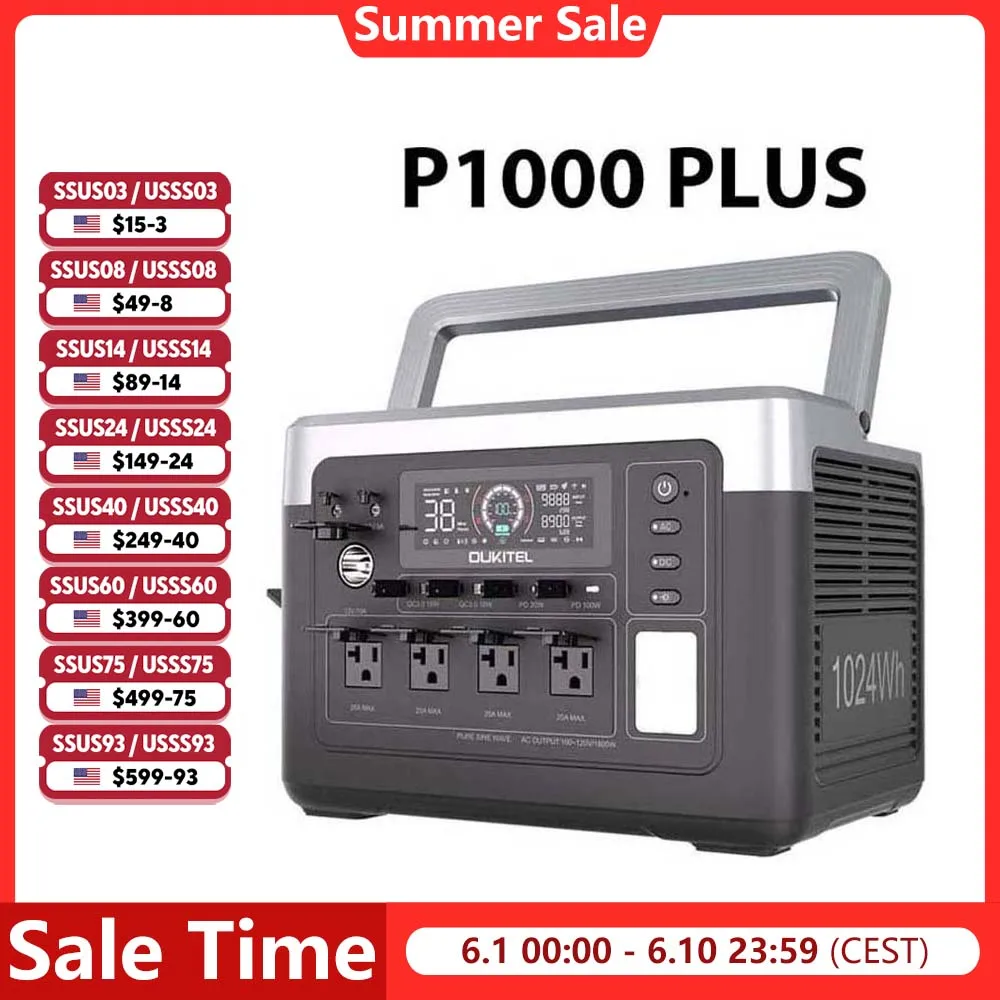 OUKITEL P1000 PLUS Portable Power Station 1800W 1024Wh Solar Generator with LiFePO4 Battery Fast Charging Smart App Control