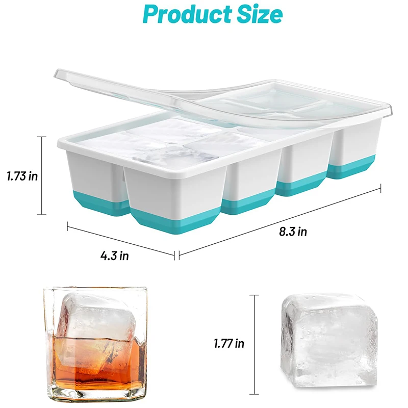 Large Ice Cube Trays With Lids 8 Cavity Plastic Square Shapes Big Ice Maker Molds for Chilling Drinks Whiskeys Cocktails