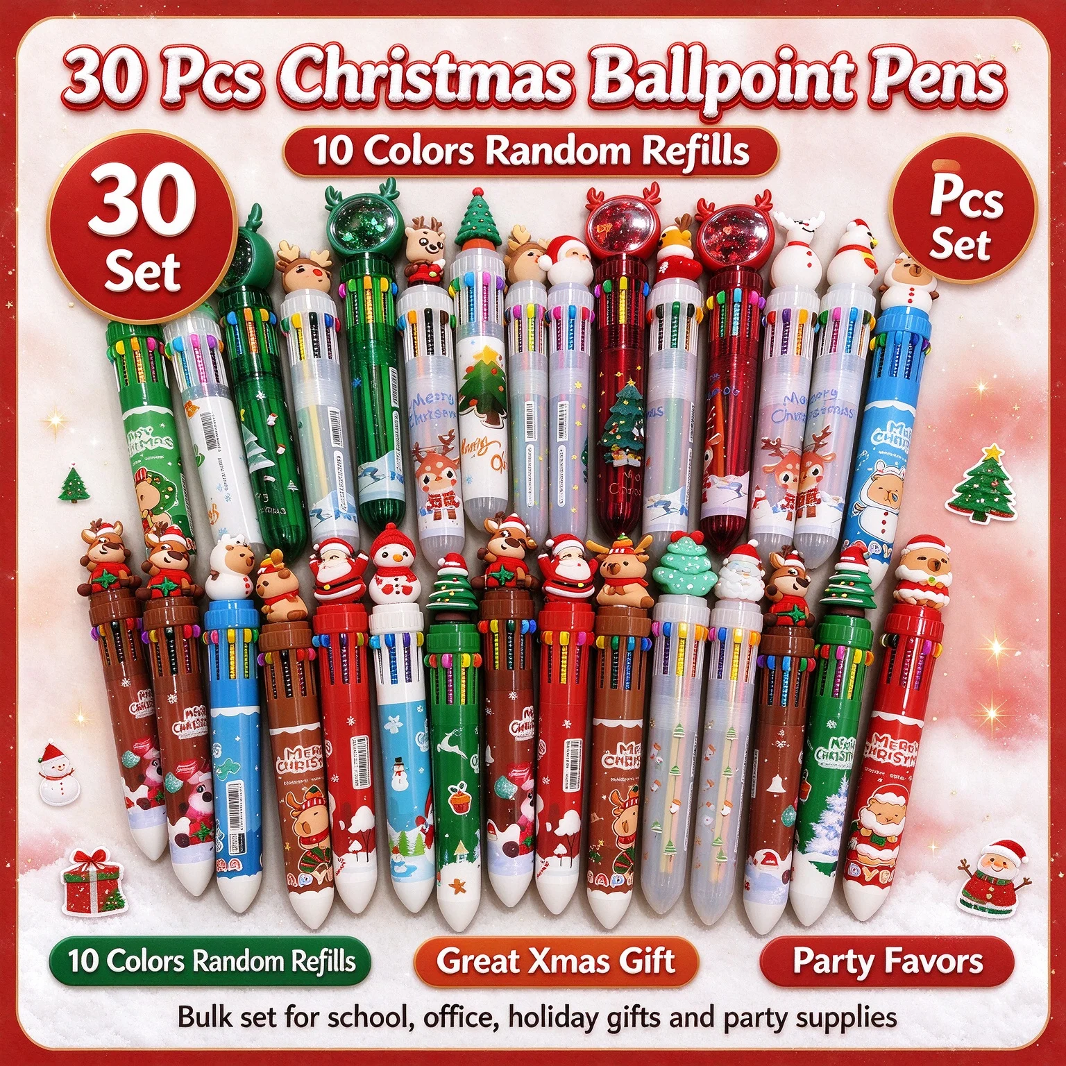 30Pcs Christmas Ballpoint Pens 10 Colors Random Cartoon Santa Reindeer Pen Set Kids School Office Xmas Gift Party Stationery