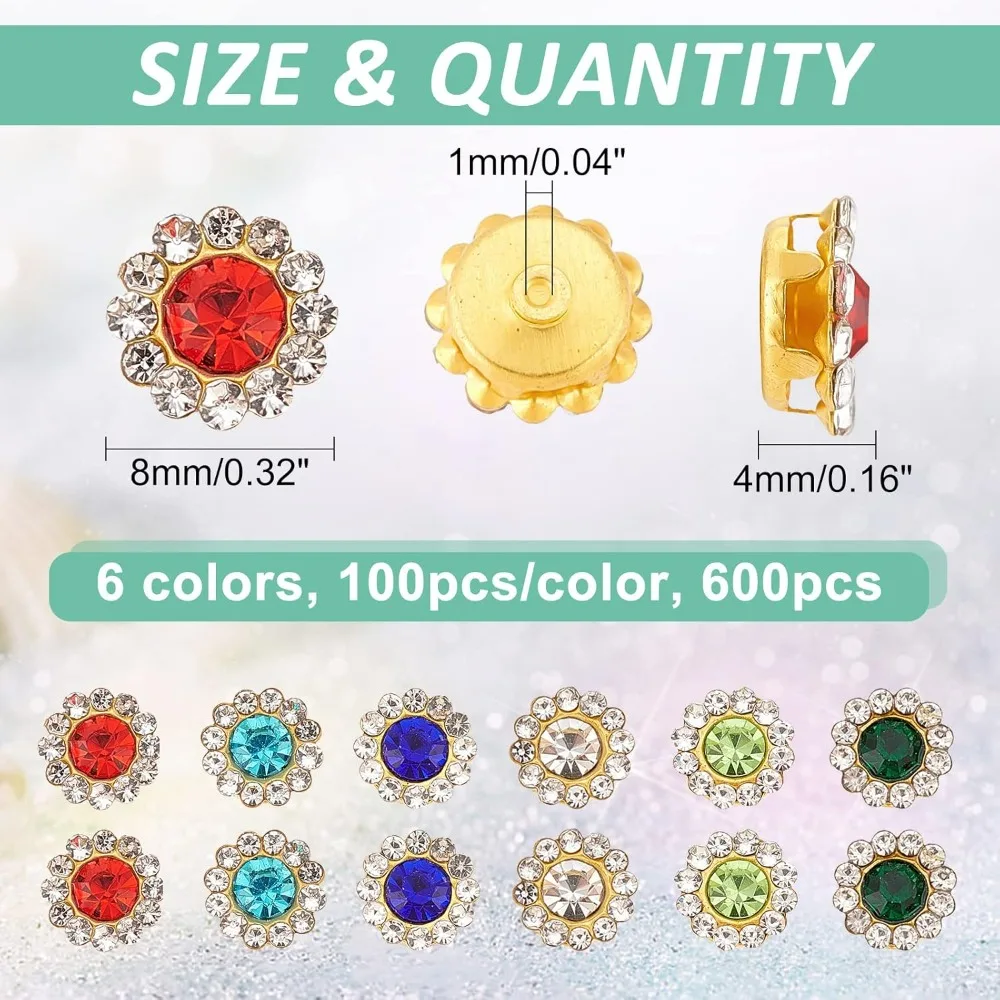 600 PCS 8mm ดอกไม้รูปร่าง Rhinestone เย็บ 6 สี Bright กลับแบนลูกปัดปุ่มคริสตัล Embellishments ปุ่มสําหรับทําชุด