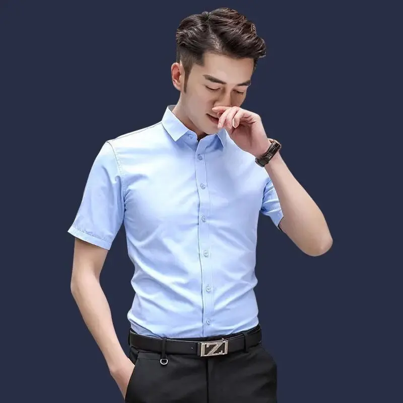 

Men's Shirt White Formal Male Shirts Business Dress Short Sleeve for Office Fashion 2024 Asia with Sleeves Korean Style Tops I