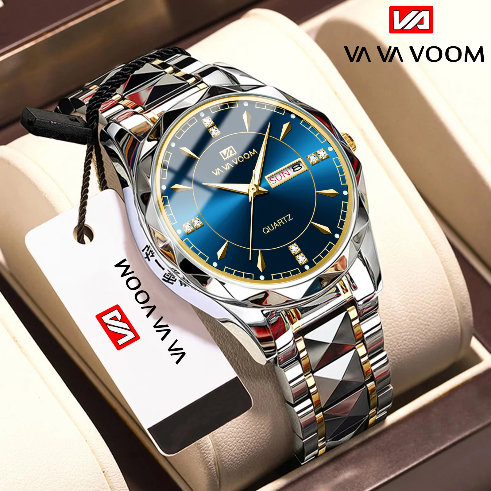 

Часы VA VA VOOM, 1 шт., заклепки, нержавеющая сталь, 41 мм, деловые часы, 3 бара, водонепроницаемые, со стразами, кварцевый механизм, оригинальные часы для мужчин