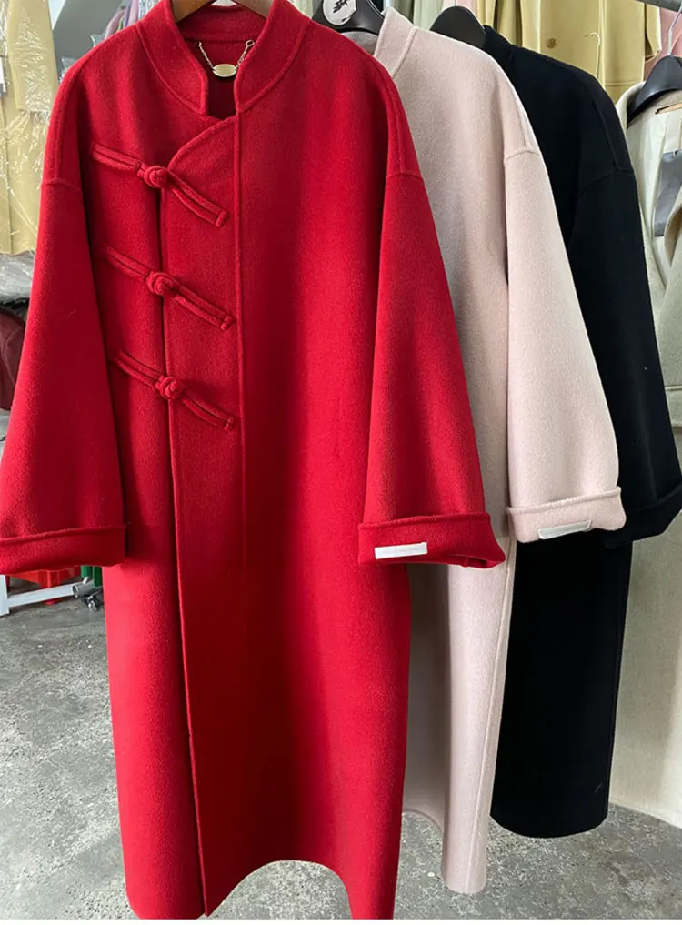 Newest Winter Handmade Buckle Hand Sewn Double-sided Cashmere Jacket Long Sleeve Wool Coat Women's Medium Long Woolen Coat