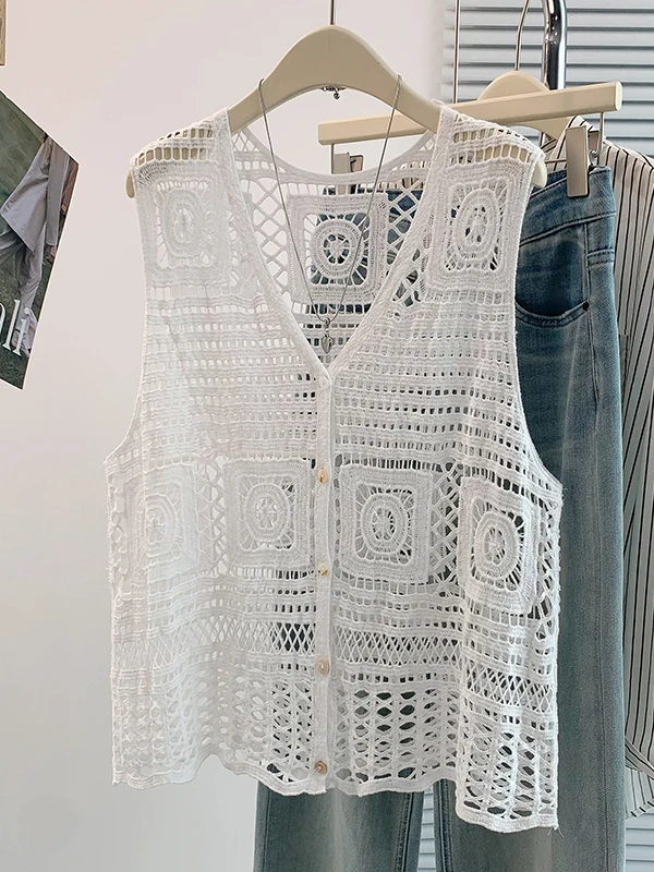 Bohemian Knitted Hollow out V-Neck Women's Vest Summer New Style Slimming Versatile Layering Trendy Cotton Breathable Single ...