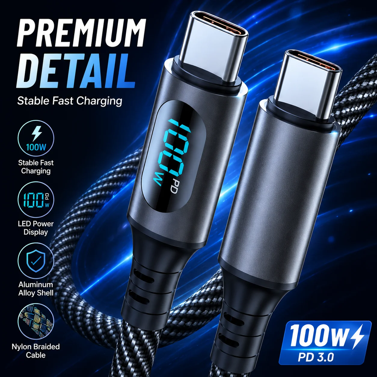 Cable USB-C a USB-C de 100W, Cable de Carga Rápida PD, Cable de Datos con Sincronización Rápida para Dispositivos como Laptops, Tablets y Teléfonos