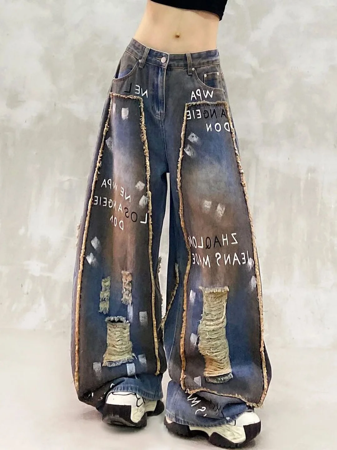 Trendy High Waist Loose Straight Leg Jeans Women's Summer New Style Knife  Pants Painted Design Slimming Denim Skinnies