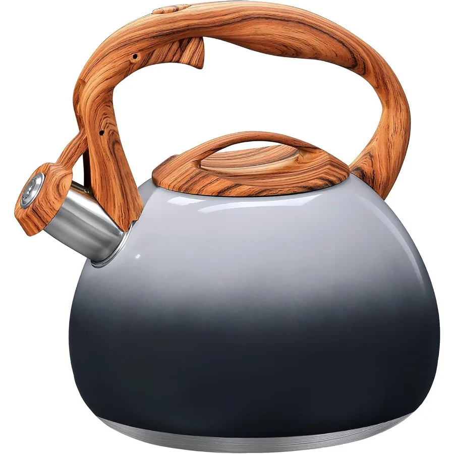 

Stove Top Tea Kettle 3.1QT 3L Whistling Kettle for Boiling Water Coffee or Milk Elegant Grey Black Gradient Design with Wooden