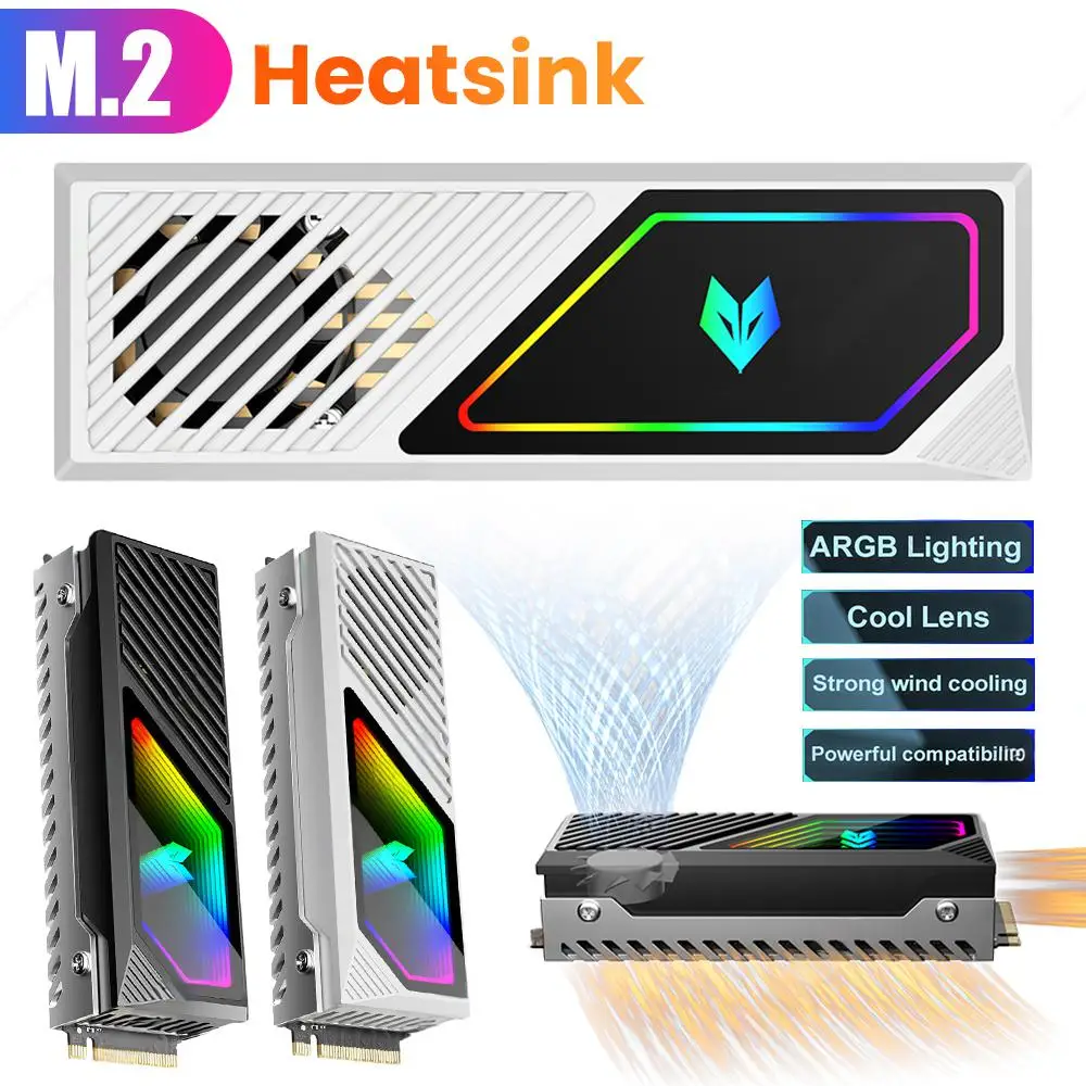 

Радиатор SSD M.2 2280 SSD Радиатор из алюминиевого сплава с термосиликоновой прокладкой 5 В 3-контактный ARGB SSD-кулер Встроенный вентилятор Радиатор M.2