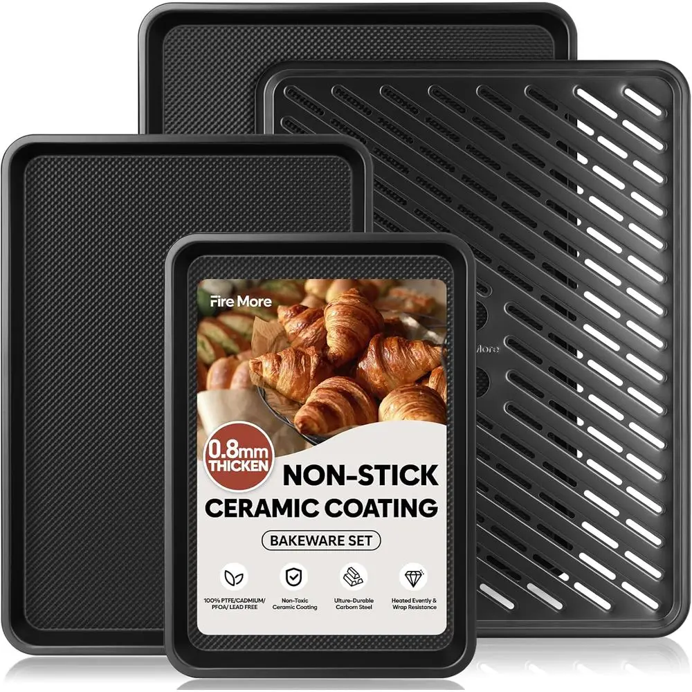 

Набор из 4 противней для выпечки и решеток для охлаждения, толщиной 0,8 мм, сверхпрочные антипригарные противни, формы для выпечки на половину/четверть/полуторугоны, противни для духовки