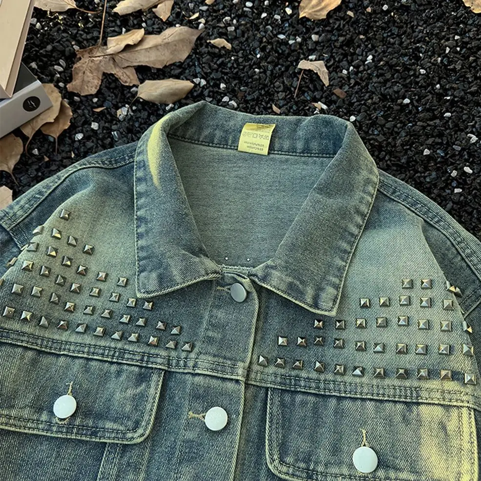 

Винтажная джинсовая куртка в американском стиле, весенне-осенняя мужская свободная посадка, универсальная повседневная куртка с прочными заклепками, потертая повседневная куртка для ленивых, топы
