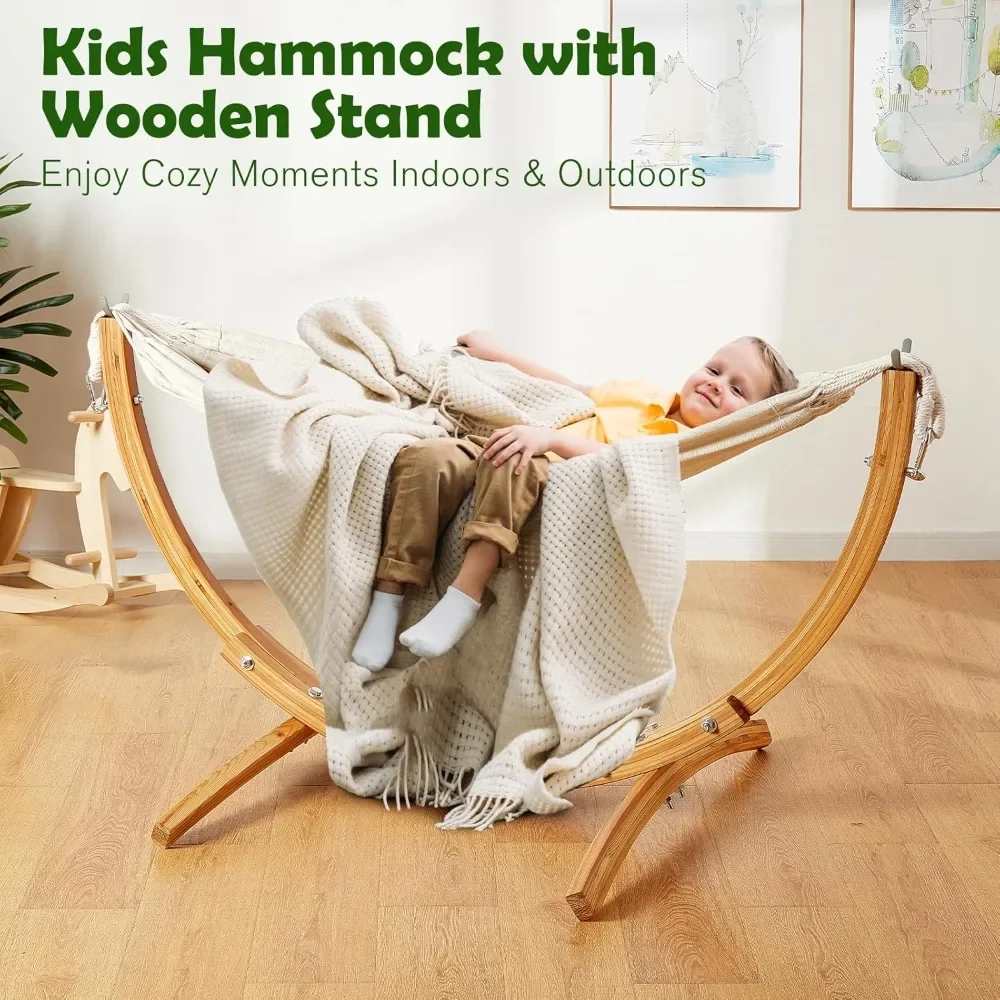 Wooden Hammock with Stand for Kids 3-5 Years, Premium Solid Wood Kids Hammock Chair Stand, Stable Structure, Wider & Longer