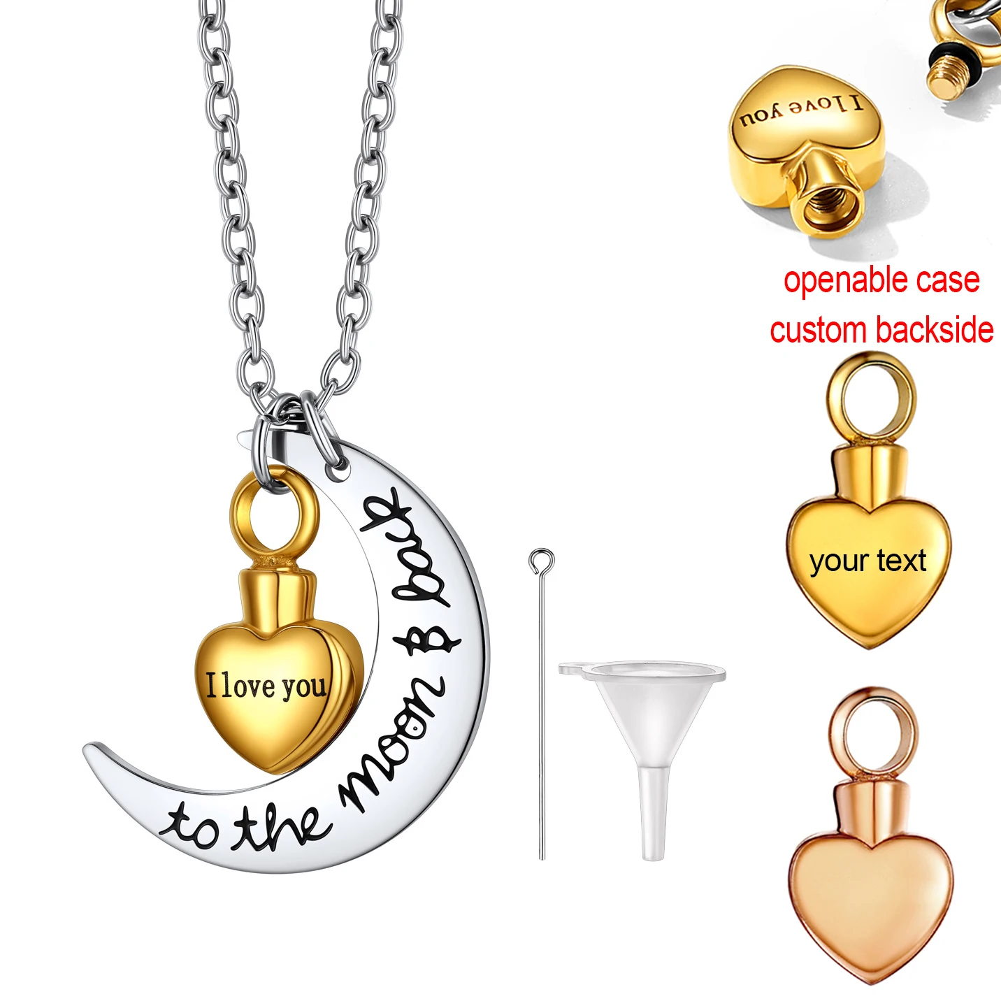 

U7 Полумесяц Сердце Урна Ожерелье Кремация Ювелирные Изделия для Пепла Я люблю тебя на Луну и обратно Двойной Кулон Очарование Пользовательский Подарок