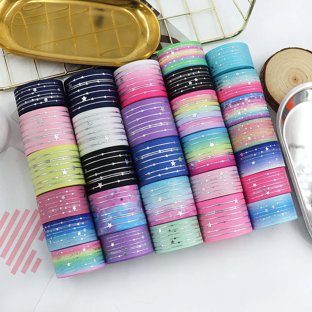 Silver Stripe Star Rainbow Gradient Soft Colors Grosgrain Fabric Ribbon 5 Yards Butterfly Ribbon for Sewing Hair Bow Clips