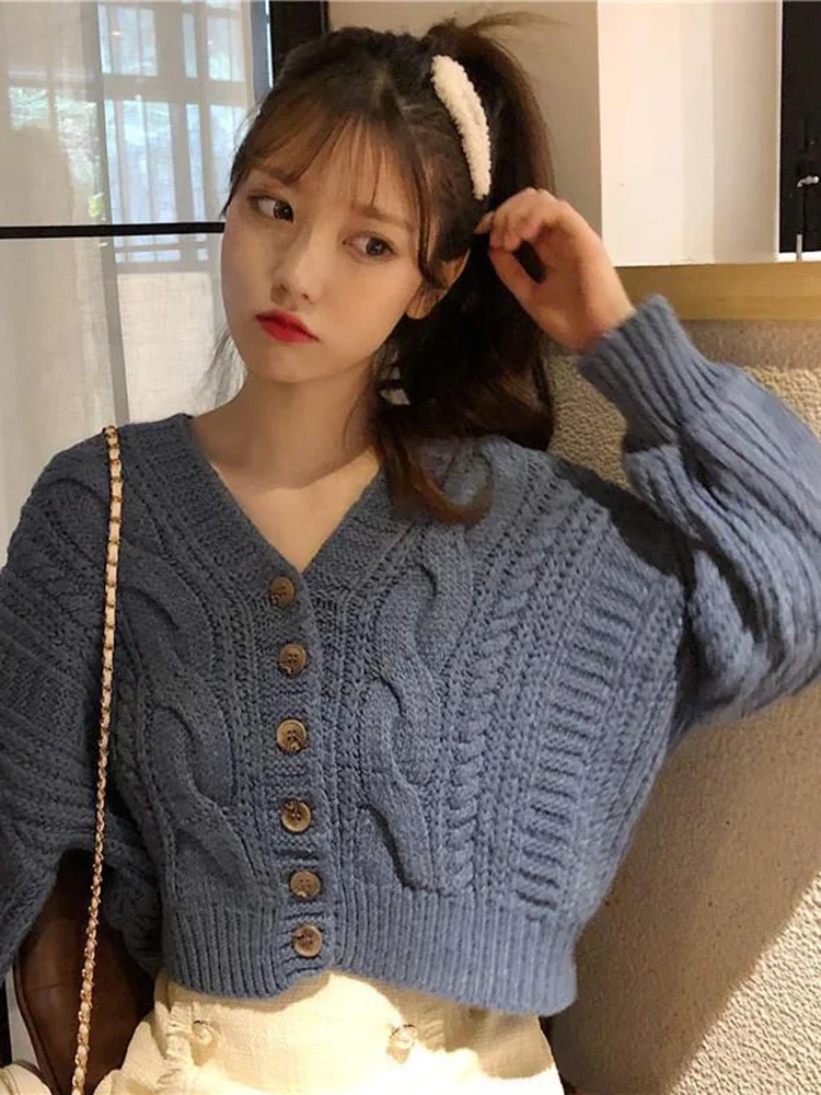 Autumn Winter Women\'s Cardigan Korean Style The Retro Solid Color V-neck Knitted Cardigan Loose Short Twist Sweater Coats LL503