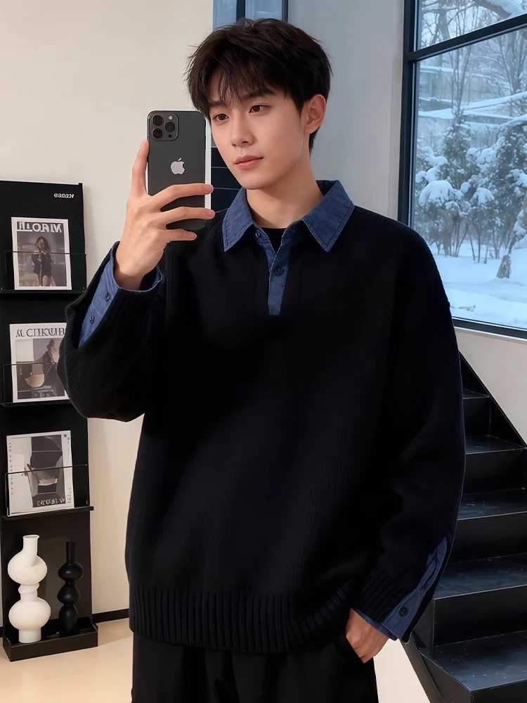 

Мужской вязаный свитер с воротником irt, осень-зима, корейский базовый слой в стиле пэчворк, свободный крой из мягкой ткани, повседневная одежда