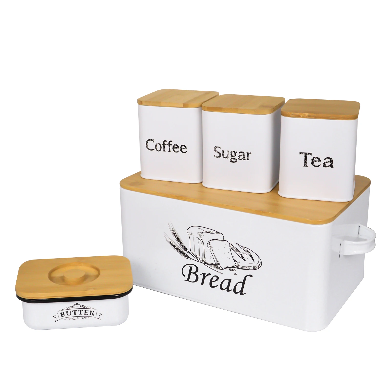 Large Capacity Modern Metal Bread Box Set with 3 pcs Kitchen Canister and Butter Dish Storage Bin Nice Organization for Counter