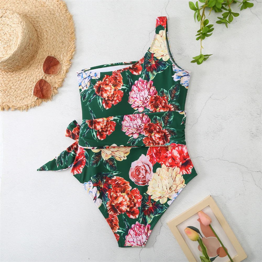 Bikini de flores Vintage para mujer, traje de baño Sexy con Push-Up, trajes de baño de cintura alta para vacaciones Y2K, conjunto de trajes de baño de playa con un solo hombro