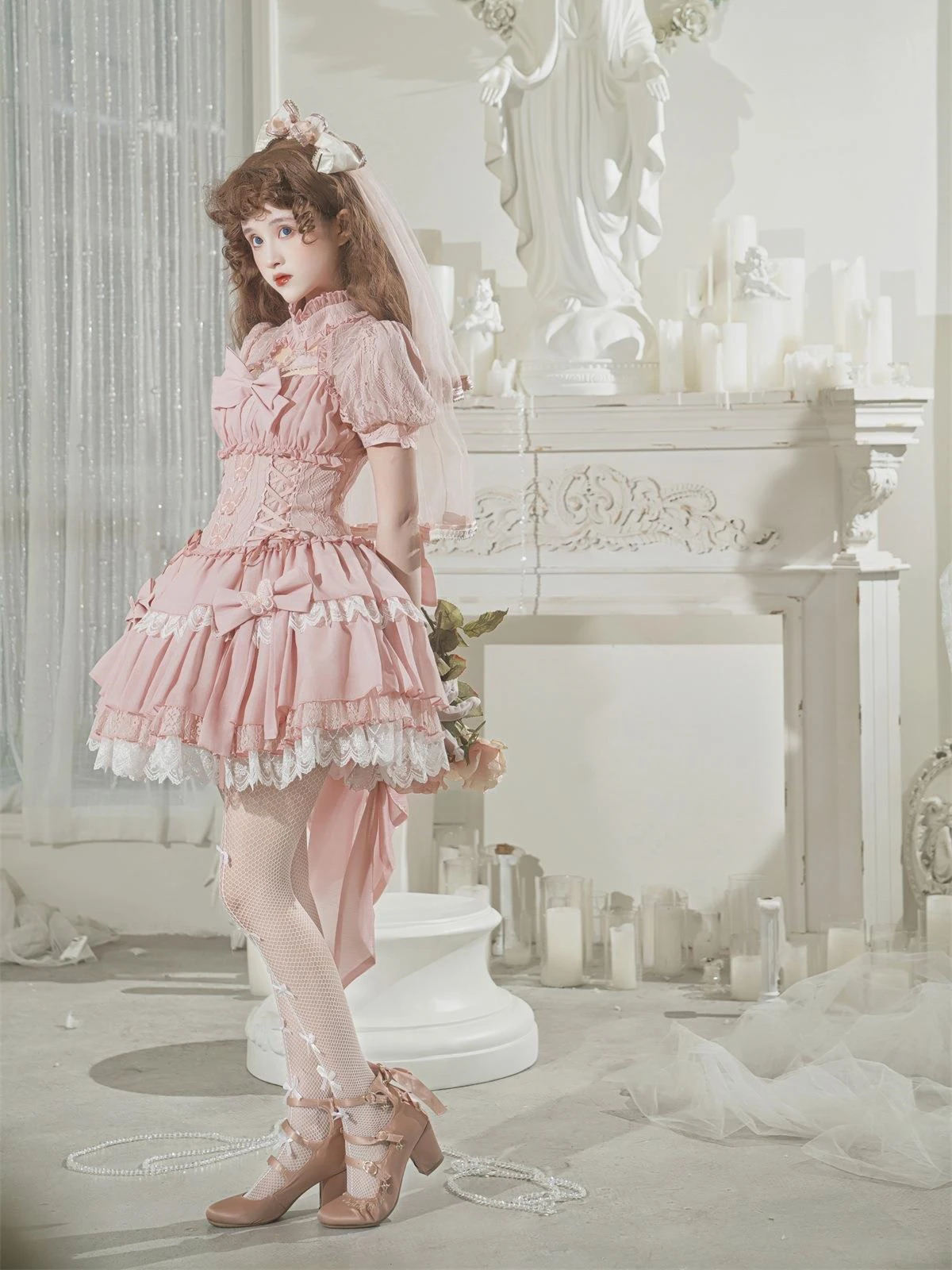 Japanese Elegant Sweet Girl Lolita Op Hollow Out Stand Collar Short Sleeve Bow Trailing Lace Butterfly Lace-up Pink Dress Women