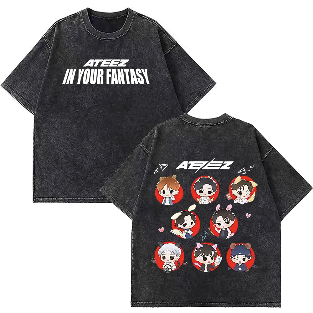 

Винтажные потертые футболки с героями мультфильмов ATEEZ 2025 World Tour in Your Fantasy, мужская и женская одежда, футболка Harajuku Kpop, модная футболка