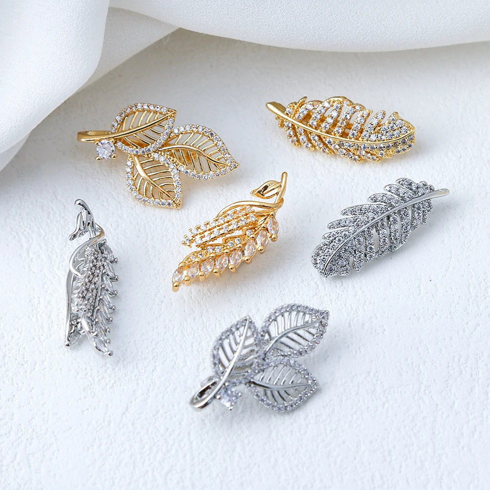 

Brass Pearl Leaf/feather Shaped Clasps Zircon Fastening Lock Buckle Connector For Diy Bracelet Necklace Jewelry Making Supplies