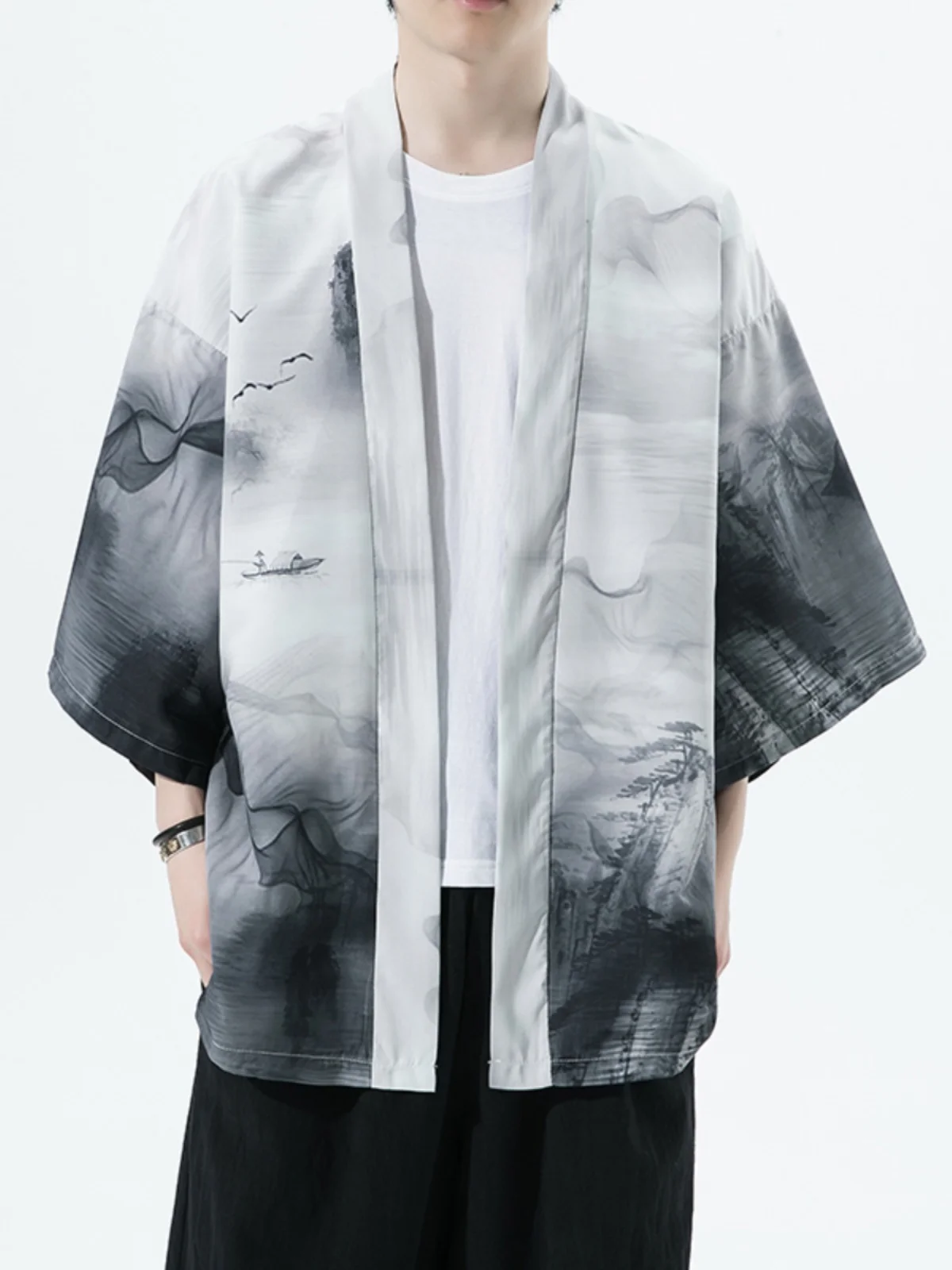 

New Chinese Sle Men's Ice Silk irt Summer Open Cardigan Outerwear Loose Fit Casual Loose Svel Plant Floral Pattern