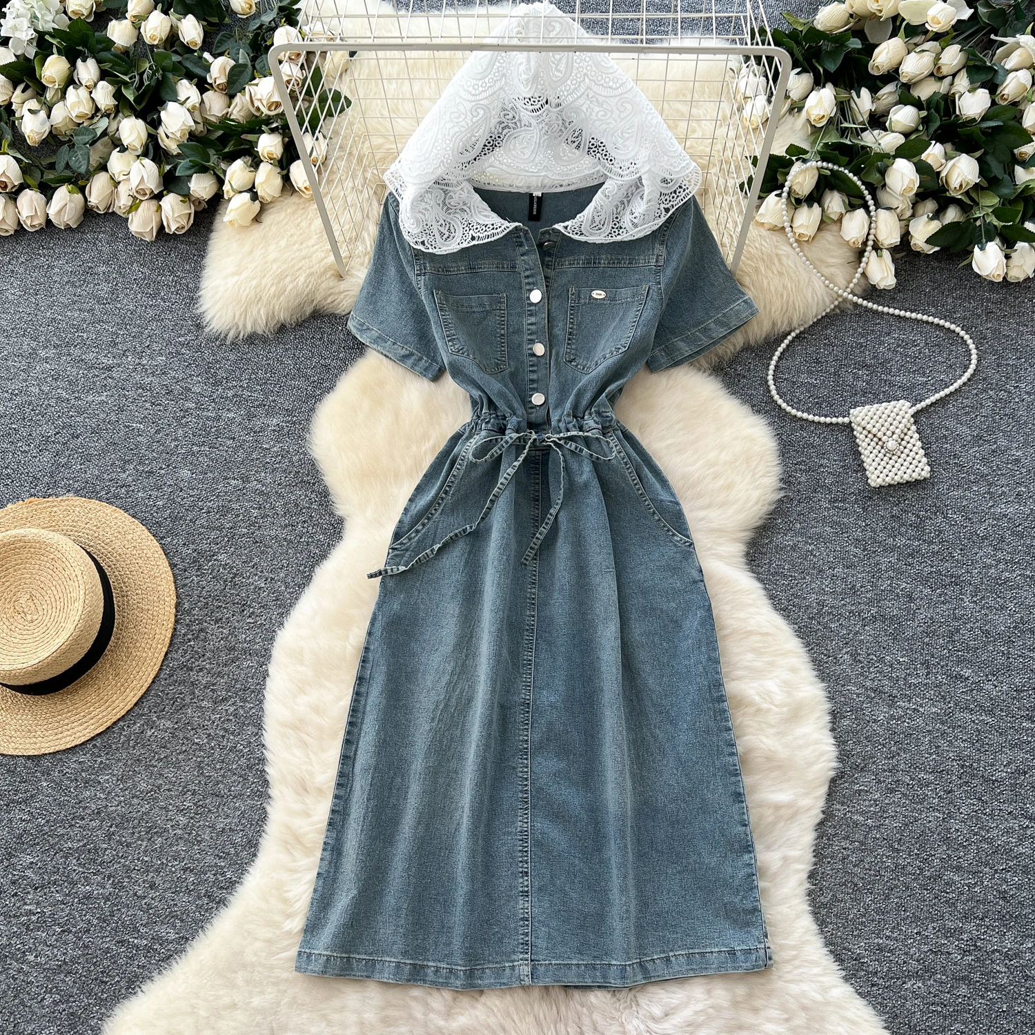 세련된 빈티지 짧은 소매 주머니 주름 느슨한 우아한 요정 한국 패션 Boho Sundress 여성 의류 롱 드레스