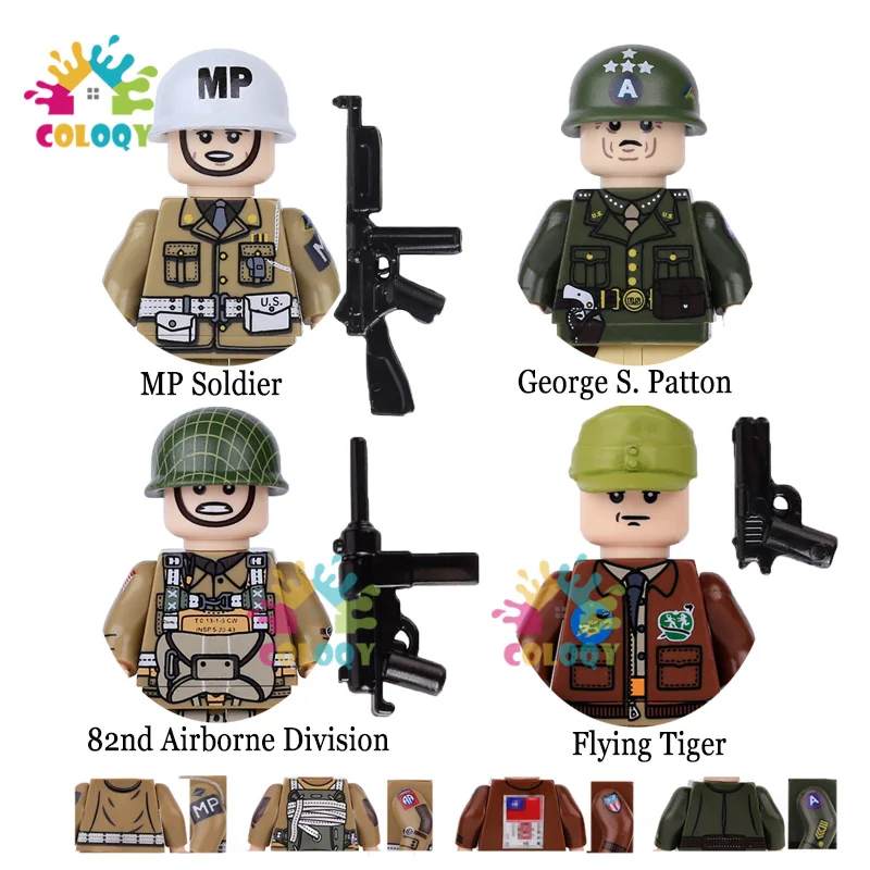 Kids Toys WW2 Military Army Building Blocks US Flying Tiger MP Soldiers Mini Action Figures Medal Toys For Kids Christmas Gifts