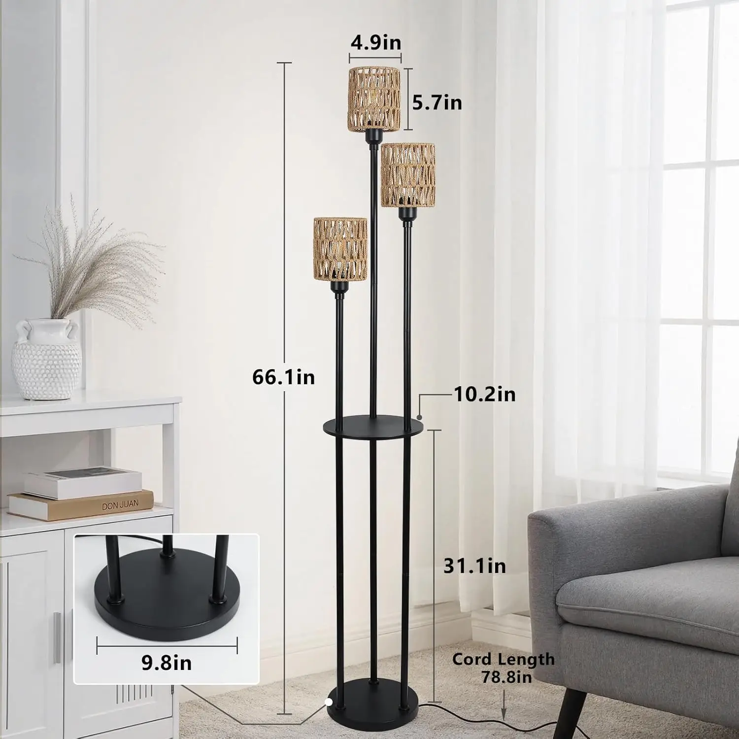 Boho Floor Lamp With Shelves, 3-Lights Farmhouse Tall Floor Lamp With On/Off Foot Switch, Rustic Standing Lamp With Rattan