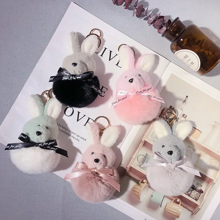 Plush Stuffed Animal Rabbit Fur Keychain Furry Doll Pompom Bunny Stuffed Keyring Bag Charm Kawaii Plush Bunny Pendant Women Girl