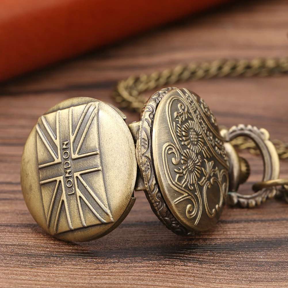 London, UK Bronze Mini Quartz Necklace Watch Souvenir Vintage Pendant Pocket Clock Antique Stylish Gift Children Men Women