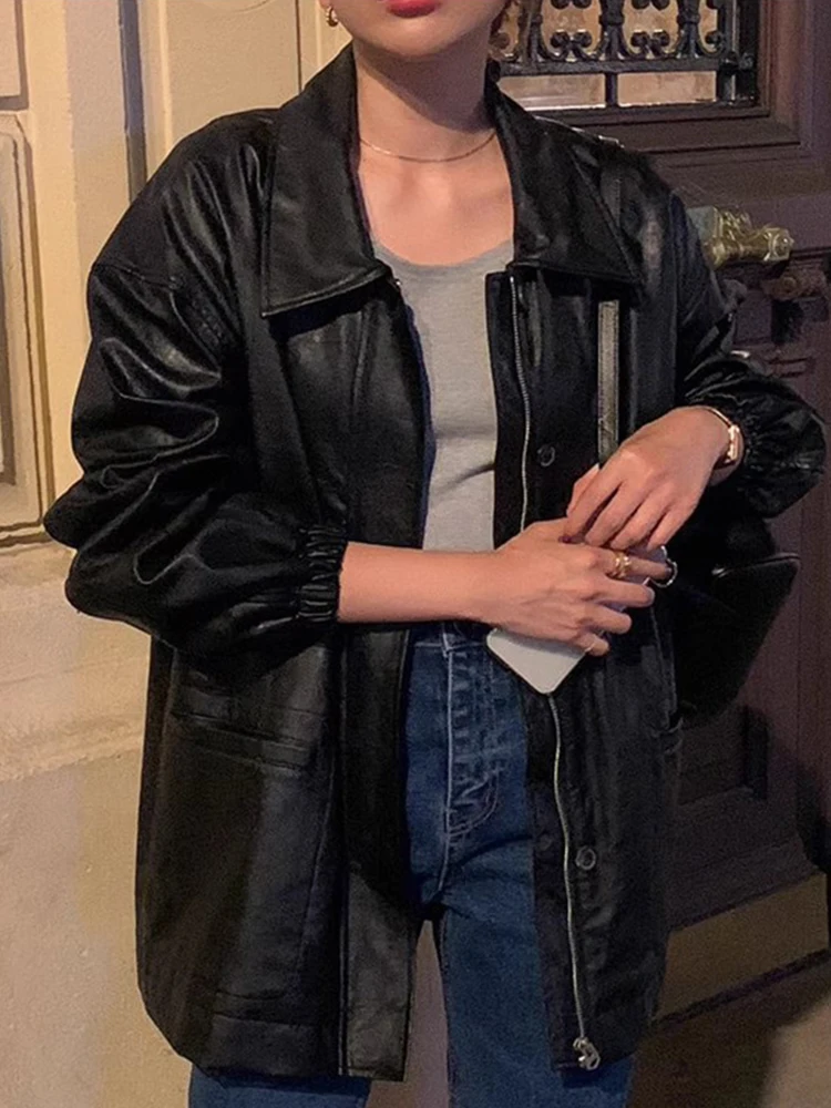 Sli Autunno PU Pelle Jaet Cappotto da donna con colletto con cerniera vestibilità ampia con grandi kets Capispalla lungo da pendolarismo alla moda
