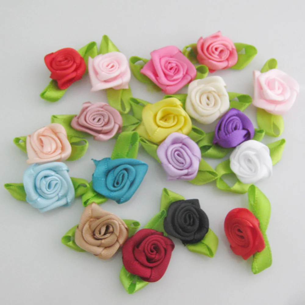 Medium Size About 20MM Rosettes 30Pcs Ribbon Flower With Leaf 35MM Headwear Accessories DIY Sewing Supplies