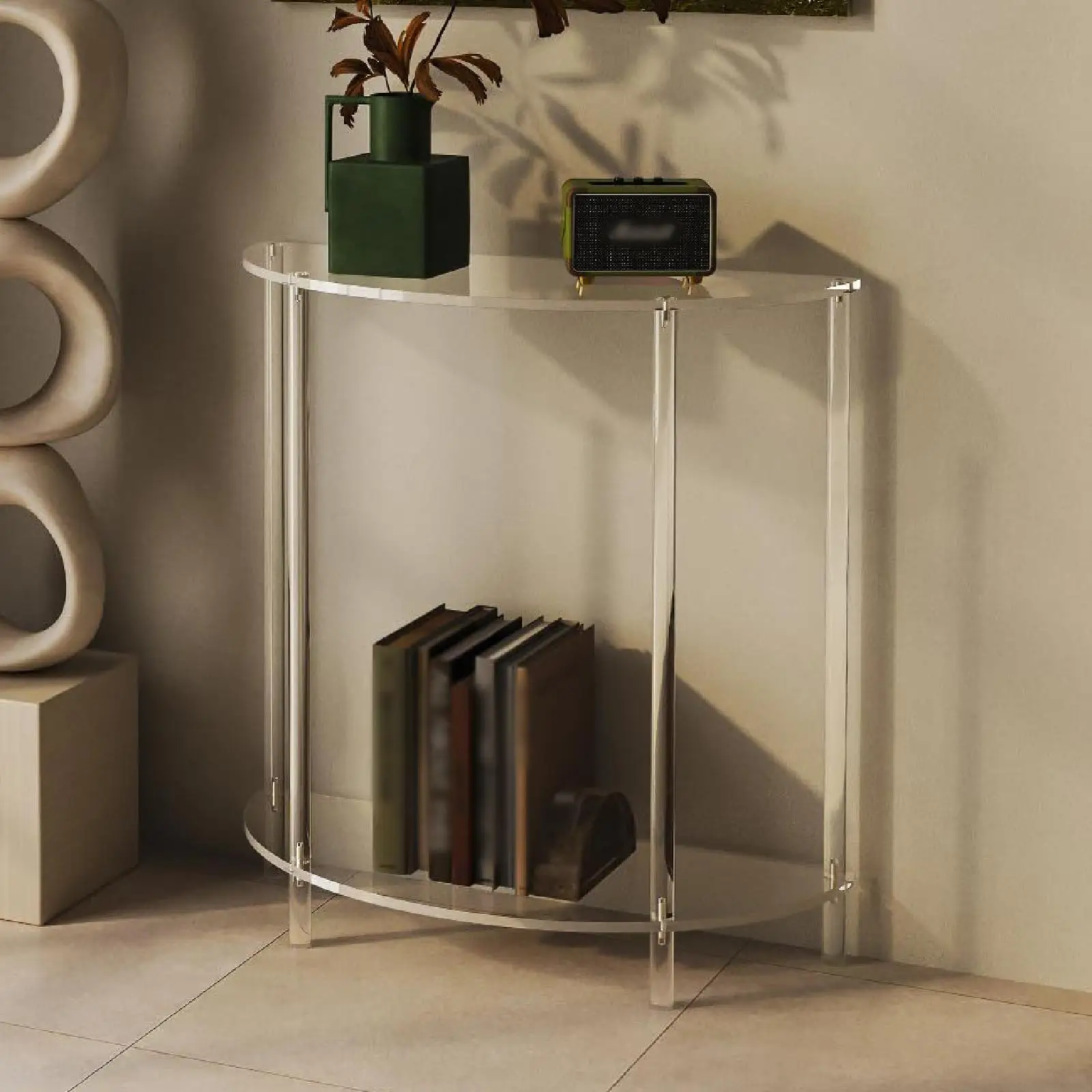 2 Layers Acrylic Nightstand Semi-Oval Wall-Side Table Kids Bookshelf Metal Book Rack Storage Organizer Stand Display Holder